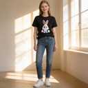 Women's Easter Shirts: Bunny Eggs Pattern Casual Round Neck Short Sleeve T-Shirt (L)