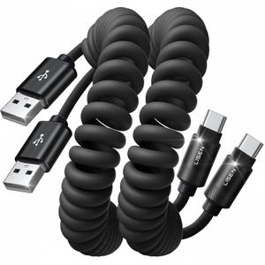 LISEN Coiled USB C Cable, 2 Pack for Android Auto & CarPlay Cable, Short USB A to USB C Cable C Gifts for Men Women compatible with iPhone 17/16/15, Samsung Galaxy S25/S24/S23 A15/A14, Space Black 4FT