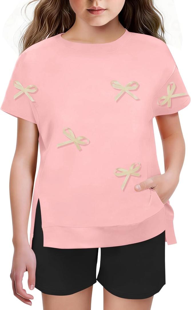 Girls Clothes 2PC Summer Outfits Bow Short Sleeve T-shirts and Elastic Waist Shorts Set Kids Clothes Girls (11-12 Years, Pink)