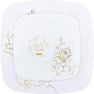 PLASTICPRO Square 32 Piece Combo Plates Set includes 16 x 7'' inch Salad Plates & 16 x 10'' inch Dinner Plates White Plastic Gold Buds Design Party Plates, Premium Elegant, Tableware,