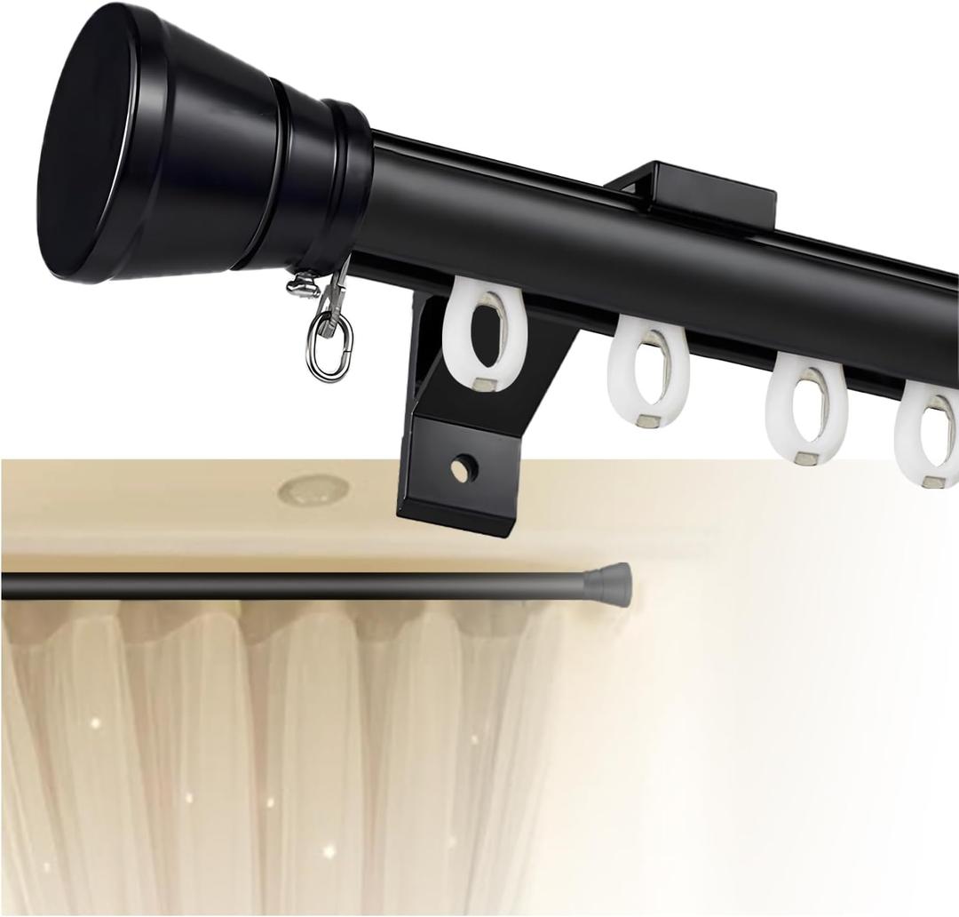 Single Curtain Track for Windows, 3.2m(10.5ft) Wall Mounted Heavy Duty Decorative Curtain rail with End Caps, Aluminum Brackets, Silent Wheels Easy to Install for Bedroom Living Room（Black）