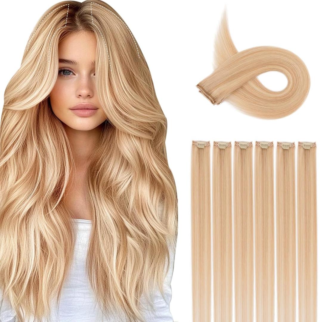 S-noilite 6Pcs Single Clip in Hair Extensions,Human Clip in Hair Extensions 6Pcs 6clips Straight Ash Blonde/Bleach Blonde Seamless Hairpieces for Women 16Inch 40g