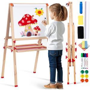 Wooden Adjustable Easel for Kids, Quick-Fold Kids Easel with Paper Roll&Accessories, Double Sided Painting Easels for Toddlers 3,4,5,6,7,8,9,10 Years, Perfect Painting Gifts&Supplies for Boys&Girls (Red)