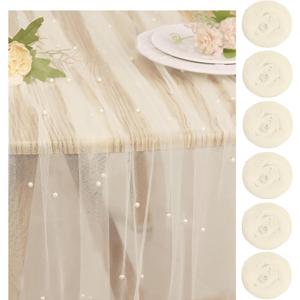 Pearl Table Runner 29 x 120 Inch Beige Tulle Fabric Lace Table Runners Boho Rustic Table Runners for Bridal Shower Birthday Party Wedding Arch Aisle Veil Dessert Table Decor(Beige)