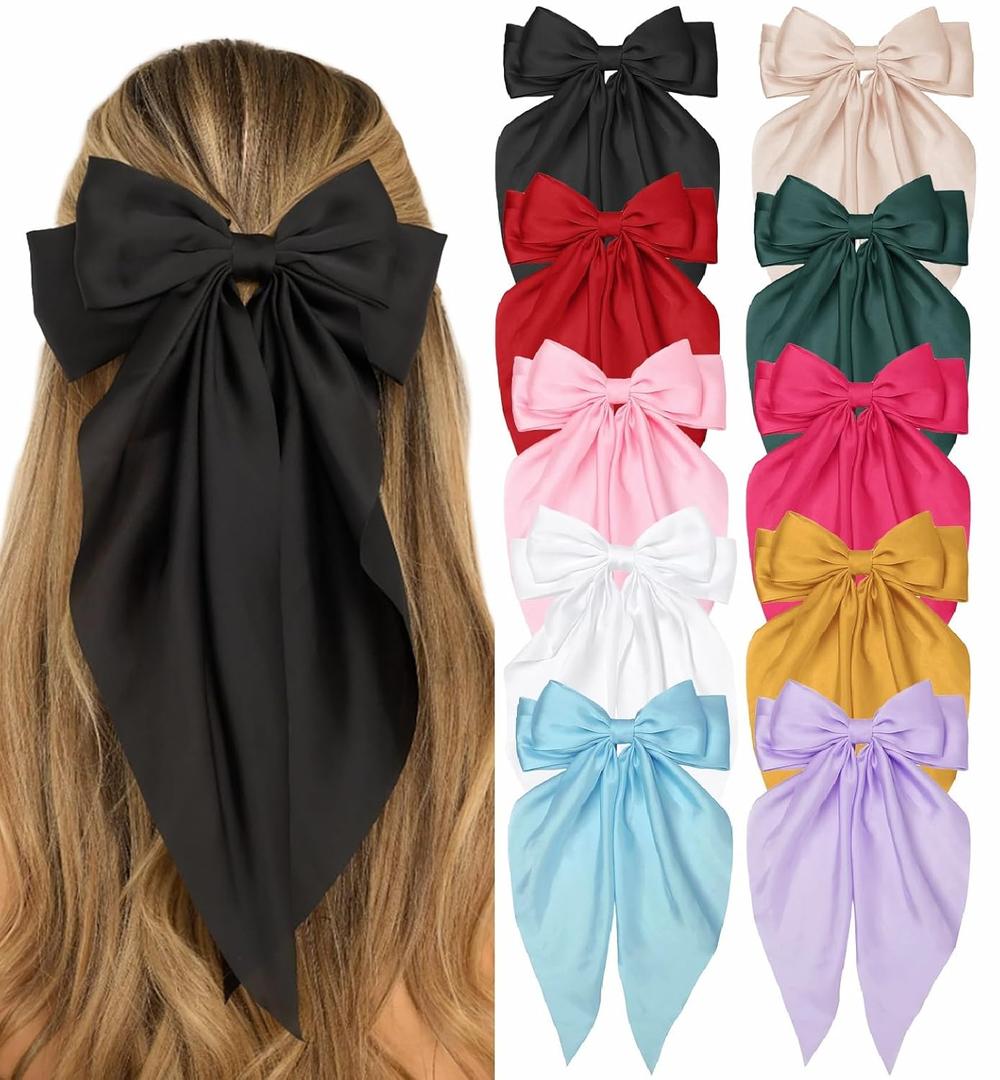 DTERSE Hair Bows for Women Big Bows Hair Accessories for Womens Girls 10PCS, Valentine's Day Hair Bows for Women Cute Oversized Bow Hair Clips with Long Tails, Silky Satin Ribbon Bows for Hair (Multicolor)