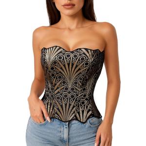 LEACOOLKEY Lacework Corset Top for Women Sexy Textured Sheer Floral Lace Bustier Going Out Lace-up Corset Overbust Top (Black, XL)