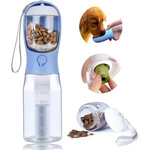 Dog Water Bottle with Food Container, Portable Pet Dog Water Dispenser for Outdoor Walking,Hiking,Travel,Puppy Essentials,Puppy Supplies,Replaceable Waste Bags (20oz, Blue)