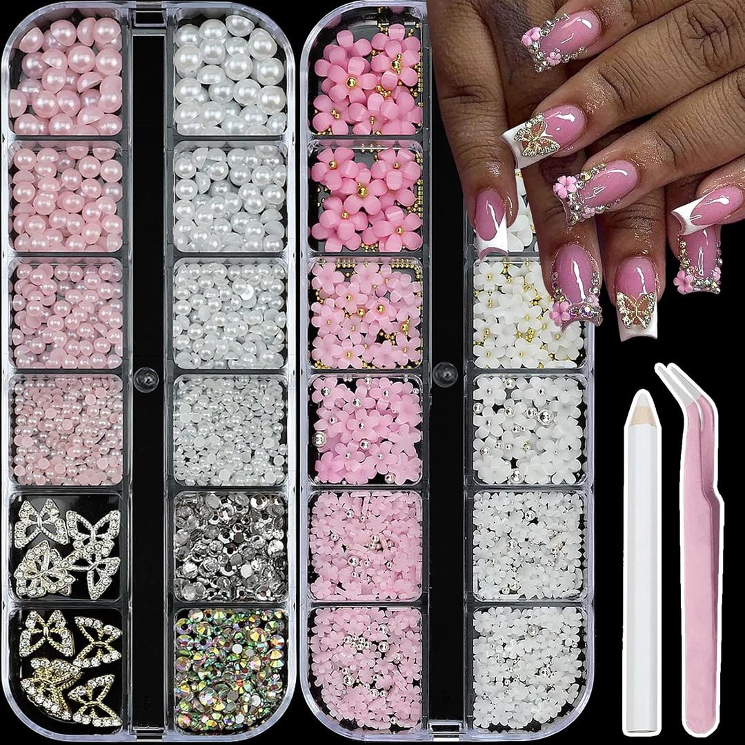 3D Flower Nail Art Charms Flatback Nail Pearls Rhinestones Pink White Flower Nails Gems with Caviar Beads Gold Silver Butterfly Nails Art Accessories Decoration Design for Women (06-Colorful)