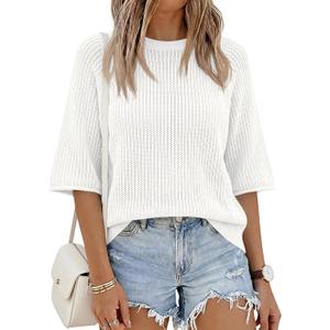 Saodimallsu Womens Short Sleeve Sweaters Crochet Knit Casual Crew Neck Lightweight Summer Trendy Sweater Tops
