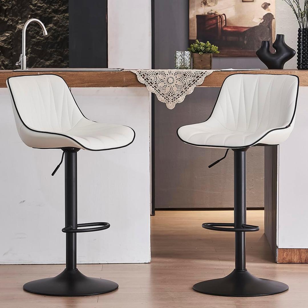Kidol & Shellder Bar Stools Set of 2 White Adjustable Swivel Counter Height Barstools Upholstered Modern PU Leather Bar Chairs Stools for Kitchen Island