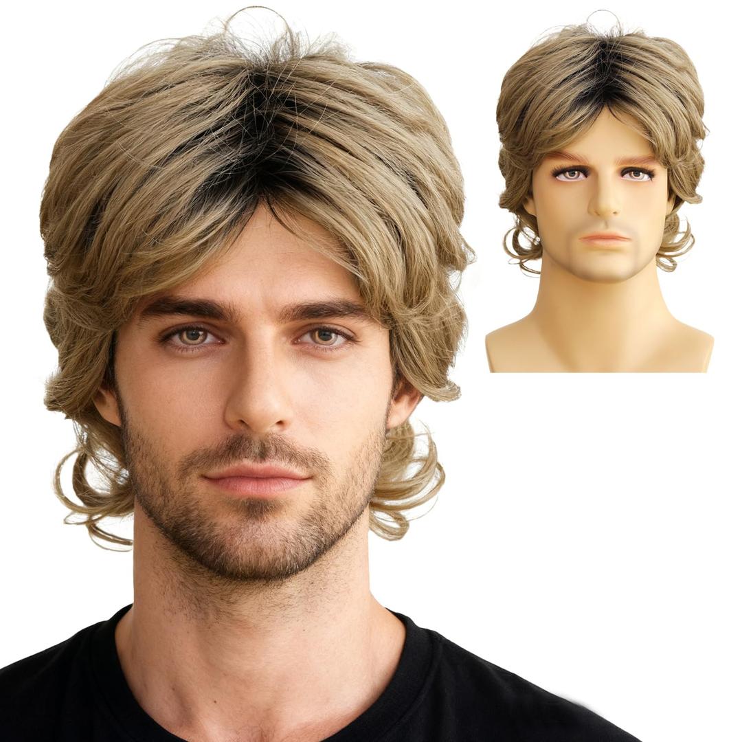Short Blonde Dark Roots Mens White Blonde Pelucas Hallowen Costume Realistic Synthetic Fiber 60s Shaggy Cosplay Wig (5 x 7 x 1.2 inches)