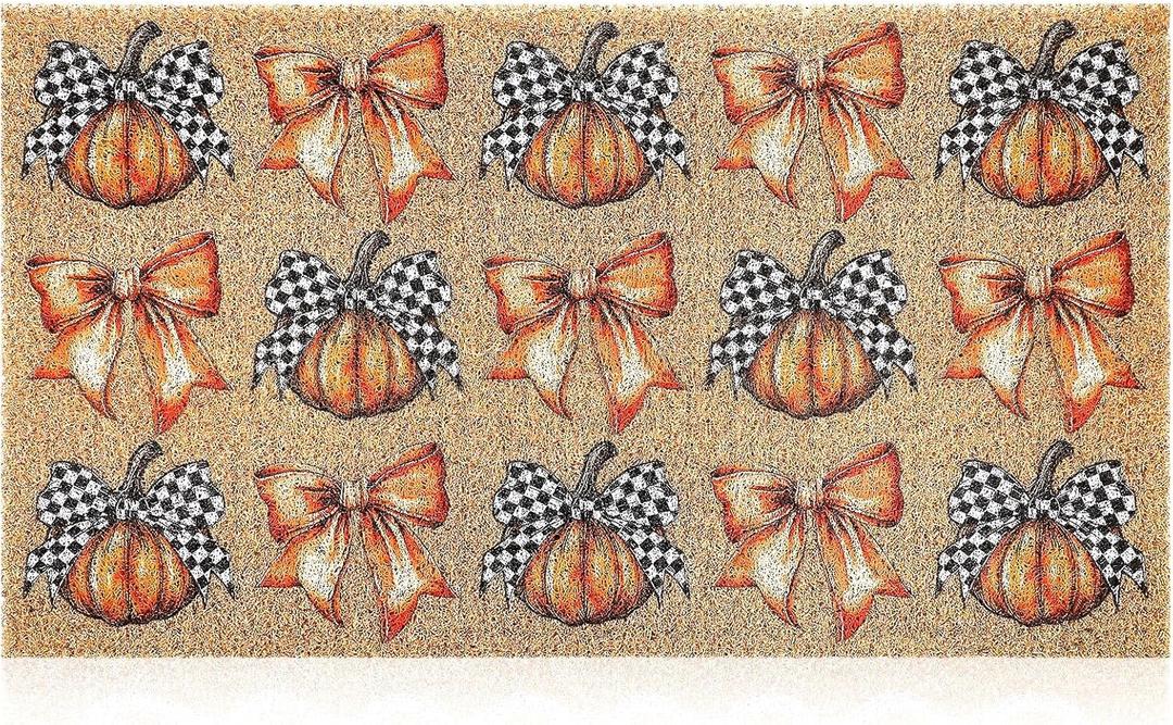 Dunzy Fall Pumpkin Plaid Bow Doormats Coquette Imitation Coir Outdoor Mat Harvest Welcome Front Non-Slip Door Mats Autumn Thanksgiving Rugs Decor for Indoor Outdoor Home Entrance Porch