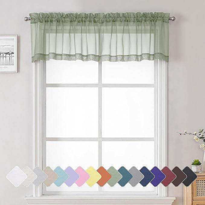 Sage Valance Green Sheer Curtains, Bedroom Valance Curtain Dual Rod Pockets Light Filtering, Voile Kitchen Valance for Living Room Window Treatment 20×54 1 Pack