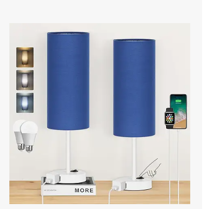 Table Lamp for Bedroom 2 Pack,18in Bedside 18inch Blue Fabric Shade White Base