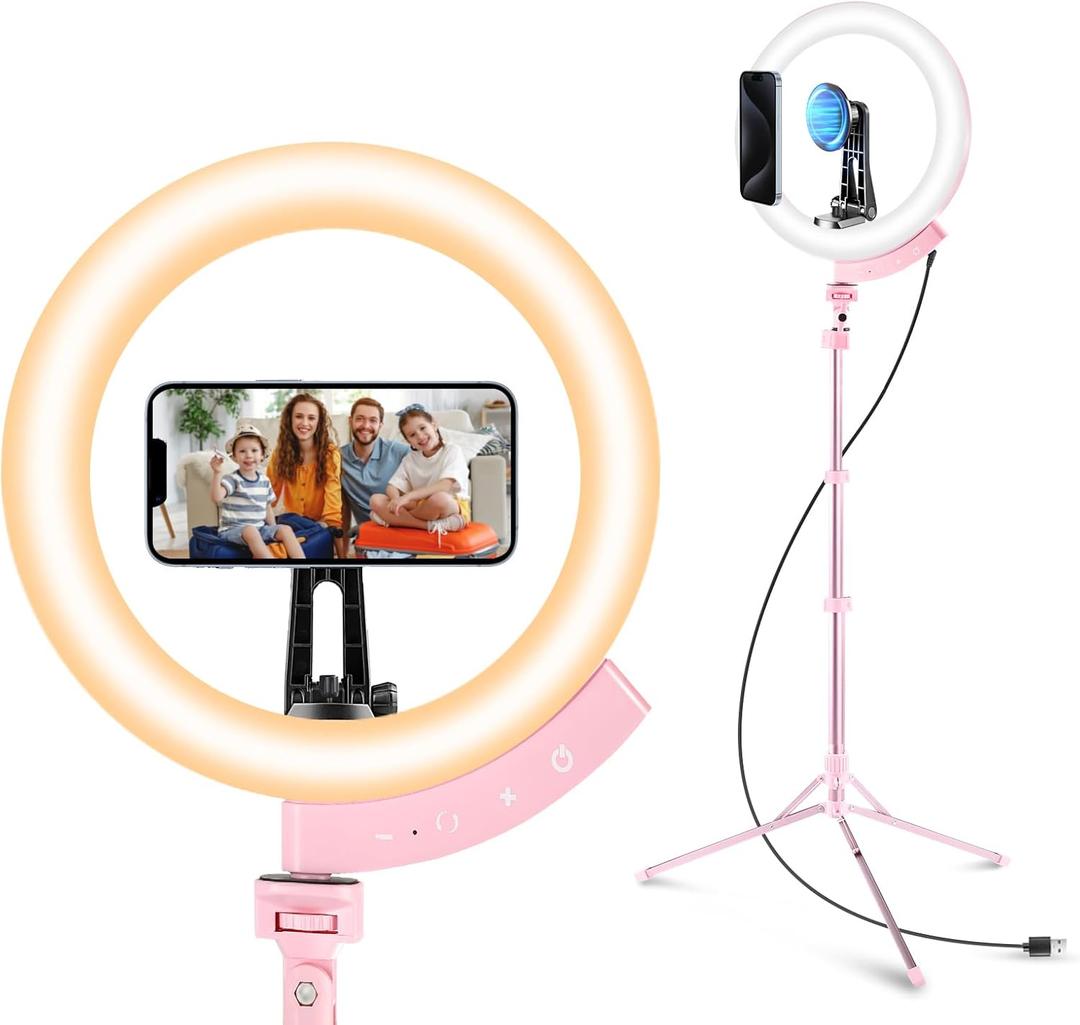 Aureday 12'' Selfie Ring Light with 62'' Tripod Stand and Magnetic Phone Holder, LED Ringlight for Recording/TikTok/Makeup/Photography, Circle Fill Light with Wireless Remote for iPhone&Android Phones (12in, PINK)