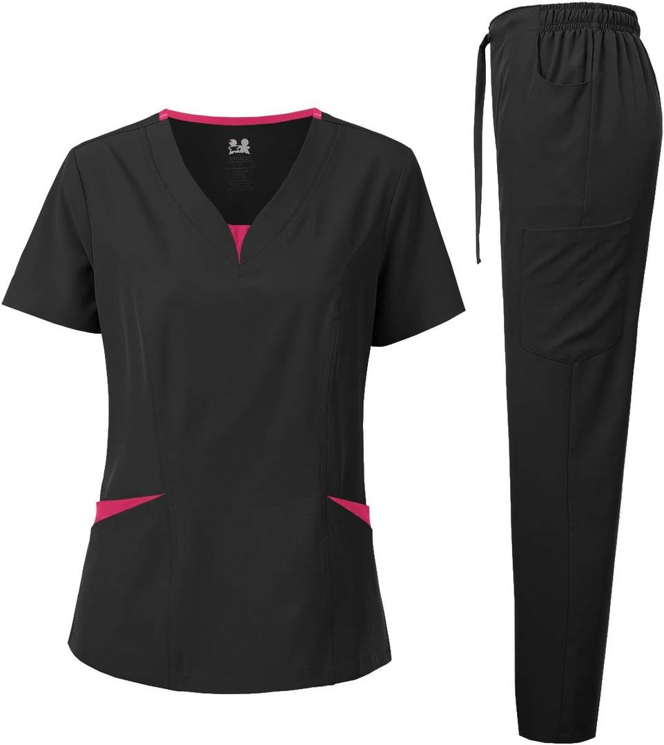 Dagacci Medical Uniform Women's Scrubs Set 4-Way Stretch Split Contrast Net V-Neck Scrub Top and Pants (XX-Large)