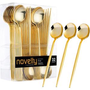 Novelty Modern Flatware, Cutlery, Disposable Plastic Soup Spoons Luxury Gold 32 Count