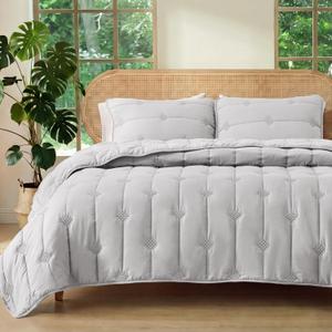 Bedsure Lightweight Comforter Queen Size Extra Soft & Breathable Quilt Set, 3 Piece Prewashed Cotton-Like Polyester Bedding, Includes 1 Quilt 90x96 Inches with 2 Shams, Machine Washable, Light Grey