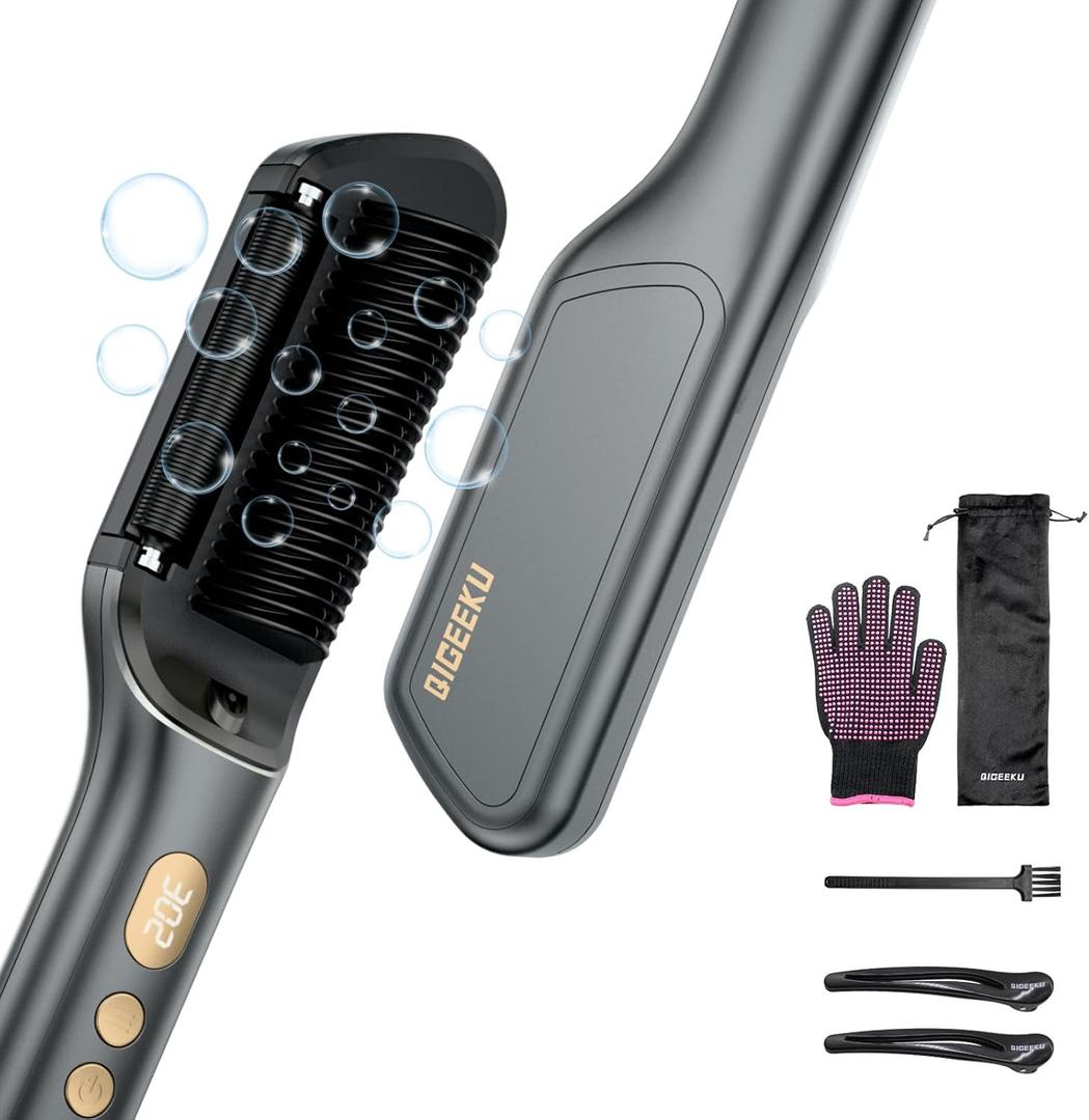 Hair Straightener Brush, Upgraded Ionic Hair Straightener Comb with Oil-Infused, Anti-Frizz Ceramic, Anti-Scald, 9 Temp Settings & LED Display, Dual Voltage, Straightening Brush for All Types (Black Gray)