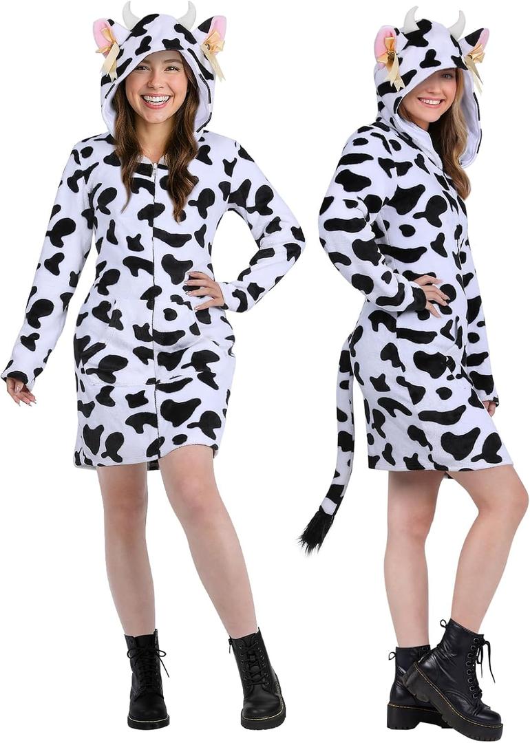 Animal Hoodie Costume Dress for Women - Plush Fitted Halloween Cosplay Outfit with Hood, Tail & Pockets (Medium, Sexy Cow)