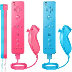 Wii Controller 2 Pack, Wii Remote Controller and Nunchuck Joystick with Silicone Case and Wrist Strap for Holiday (Pink and Blue)