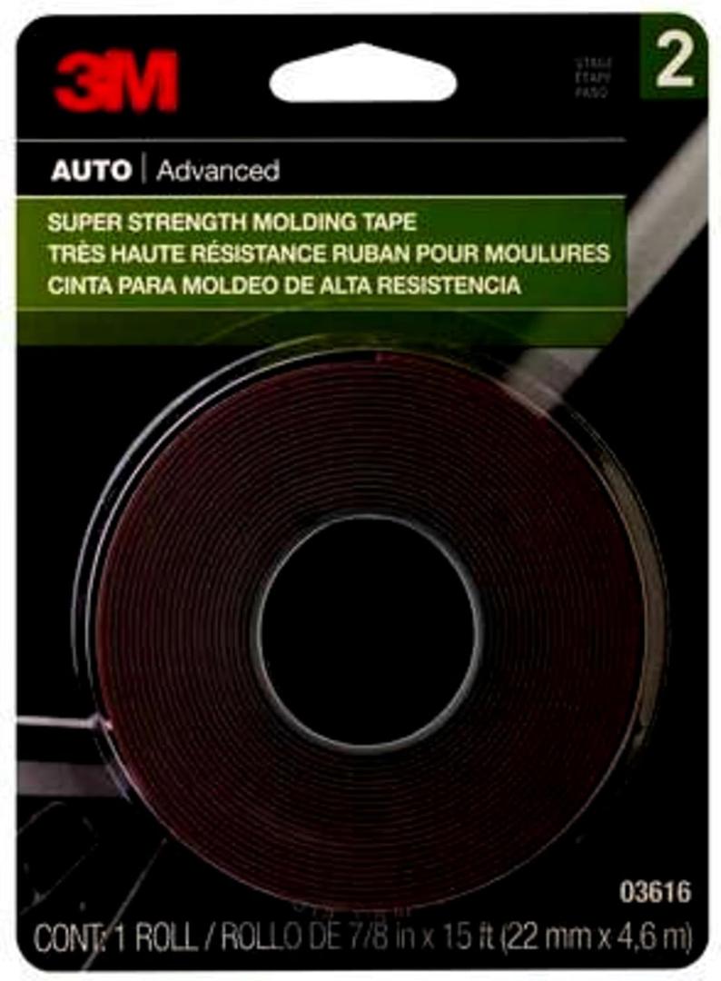 3M Super Strength Molding Tape 03616, 7/8 in x 15 ft, Heavy Duty Double-Sided Automotive Mounting Tape, Weather-Resistant Adhesive for Trim, Emblems, Moldings and Accessories (1 Roll) 3M Super Strength Molding Tape 03616, 7/8 in x 15 ft, Heavy Duty Double-Sided Automotive Mounting Tape, Weather-Resistant Adhesive for Trim, Emblems, Moldings and Accessories (1 Roll)