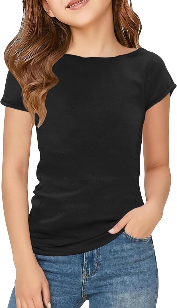 Floral Find Girls Raw Cut Cap Sleeve Tee Summer Boat Neck Lightweight Tops Cute Basic T-Shirts, Black, 8-9Y
