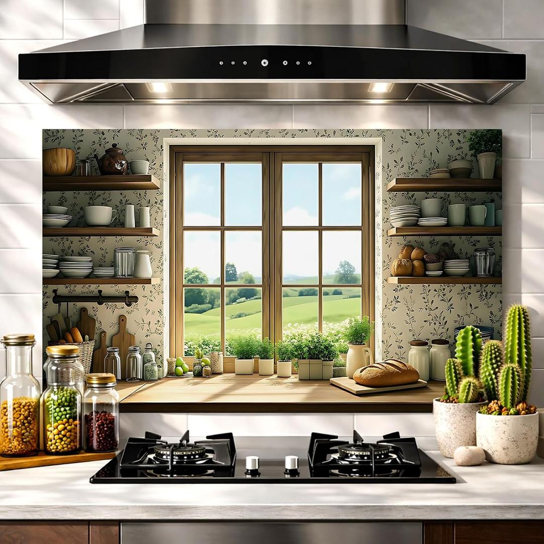 Oversized Kitchen Wall Sticker 35.4x23.6in, Peel & Stick Decor, Waterproof Oil-Proof, Wipeable, for Backsplash Counter Area Cabinets Pantry Wall (Sunny Kitchen Window (Green View), 35.4“ x 23.6”)