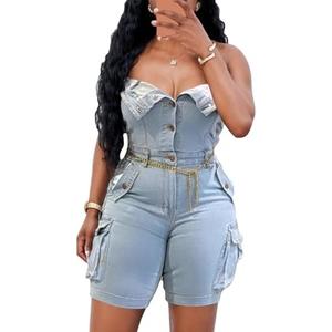 LKOUS Women's Sexy Denim Short Jumpsuit,Summer Cargo Casual Sleeveless Slim Fit Off Shoulder Rompers with Pockets, XXL