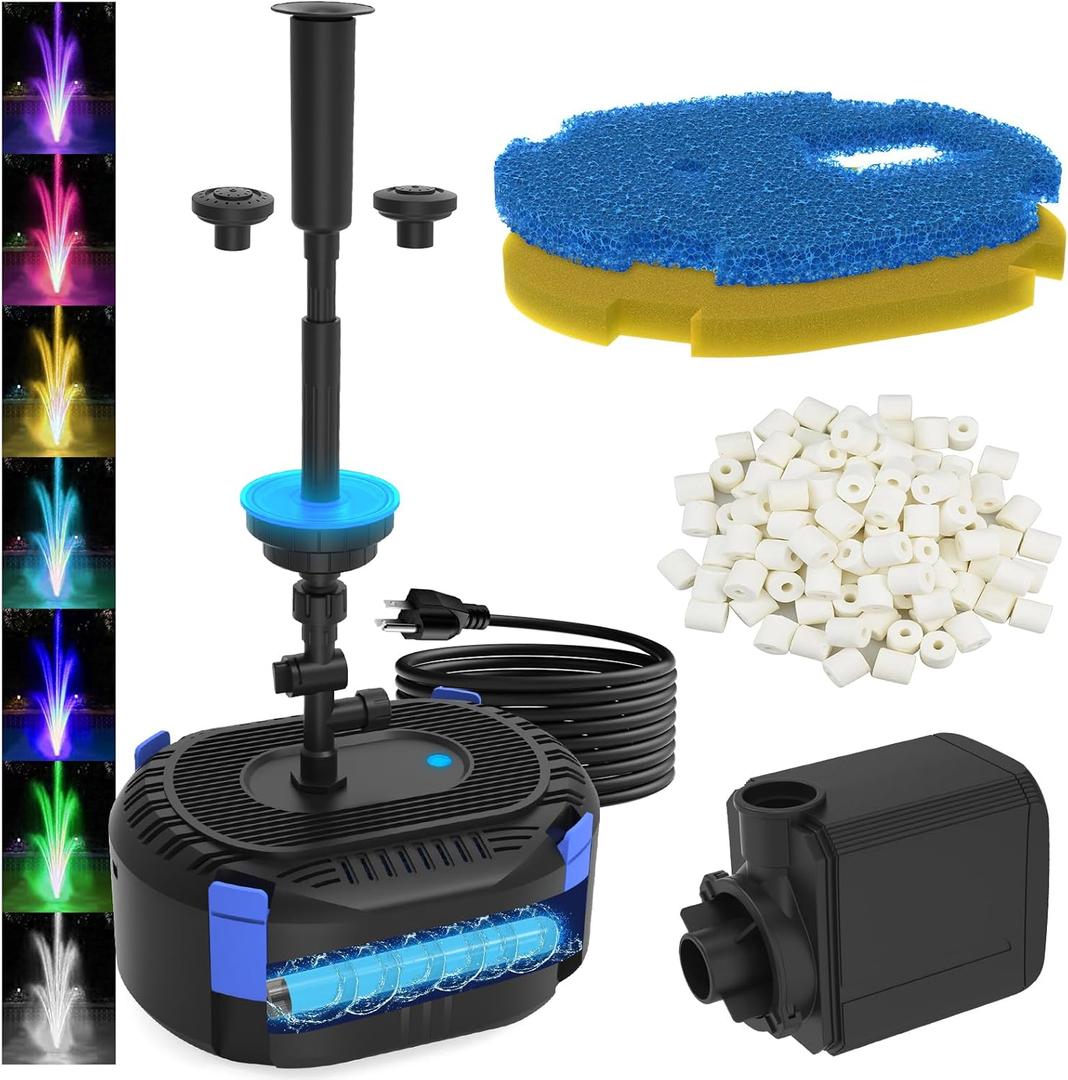 AquaMiracle All-in-One Pond Fountain Kit with Automatic Colorful LED for Outdoor Ponds 500-750 Gal, 850GPH Koi Pond Filter Pump with U - V Light to Tackle Green Water Al-gae, with 3 Spray Patterns