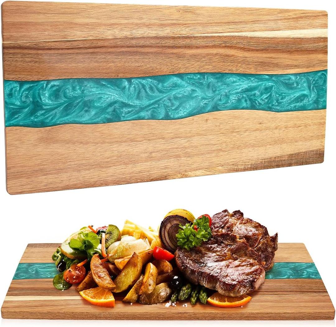 Paxlloonge Acacia Wood Cutting Board, Resin Kitchen Chopping Board with Wave Pattern for Cheese, Meat, Vegetable, Serving Board, 13 x 9 Inch (Blue Wave)