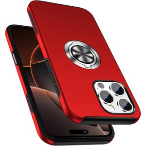 PELEPUES Shockproof Case for iPhone 16 Pro 6.3'', [Embedded Finger Ring] Military Grade Phone Case Cover with Reinforced Metal Stand Kickstand [Support Magnetic Car Holder] for iPhone 16 Pro, Red