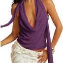 SOLY HUX Women's Sexy Deep V Neck Halter Tops Y2K Cowl Neck Backless Chiffon Summer Crop Top for Going Out Clubwear, Size: XL