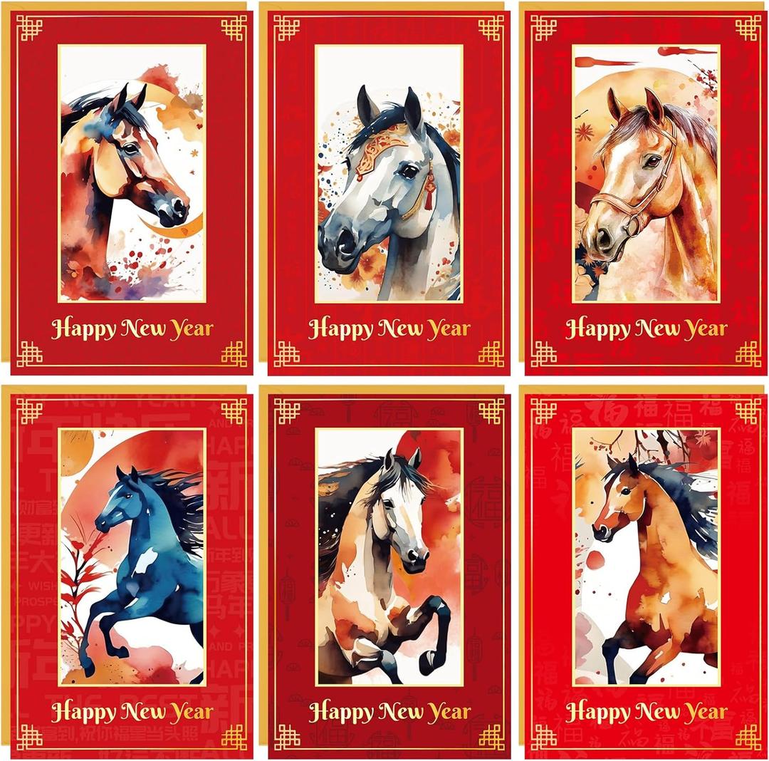 Fancy Land 2026 Gold Foil Chinese New Year Cards with Envelopes Year of Horse Lunar New Year Greeting Cards for Spring Festival Party Supplies 12Pcs