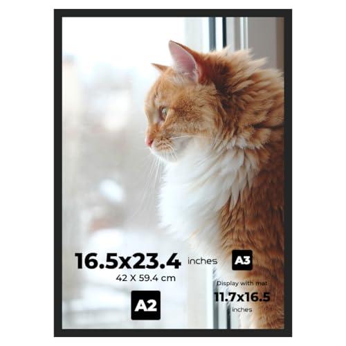 A2 Picture Frame 16.5"x23.4" Premium MDF Wood Frame with Shatterproof Plexiglass Cover Wall Mounting Hardware Included Stylish Black Finish Ideal for Posters, Prints, Artworks, Certificates and Photos