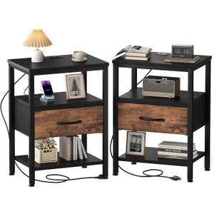 OLIXIS Nightstand with Charging Station, Beside Table with Fabric Drawers, 15.7"Dx11.8"Wx23.4"H