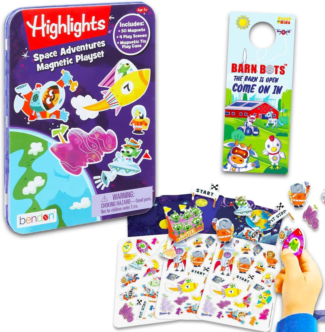 Highlights Activity Box Magnetic Play Set - Bundle with Magnetic Create A Scene Creation Board Tin Featuring Outer Space and More Plus Door Hanger