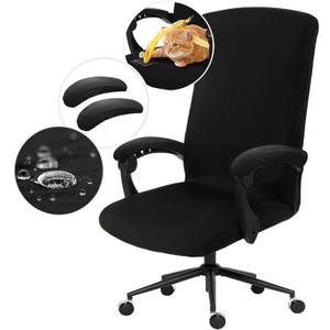 Waterproof Stretch Computer Office Chair Cover with Armrest Covers Durable Zipper Universal Washable Removable Spandex Rotating Boss Chair Slipcovers Anti-dust Soft Desk Chair Seat Protector (Black)