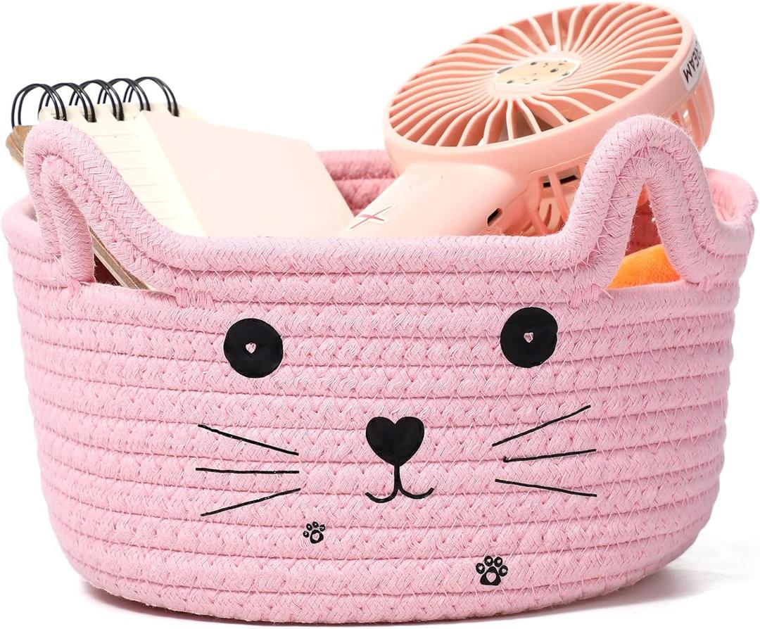 Zopeal Cat Basket Storage Woven Organizer with Ears Easter Decorative Gift Pet Toy Cute Cotton Rope Basket for Gift Cat Dog Toy Bin Nursery Room(8.3 x 4.7 Inch,Pink)