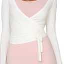 Women Ballet Wrap Top Long Sleeve Self Tie Dance Shirt Pilates Yoga Tops Y2k Workout Active Blouses (White, S)