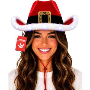 Nicky Bigs Novelties Morph Adult Light Up Santa Claus Christmas Cowboy Hat - Light Up LED Lights Cowgirl Hats - Holiday Western Costume Accessory, Red White, One Size