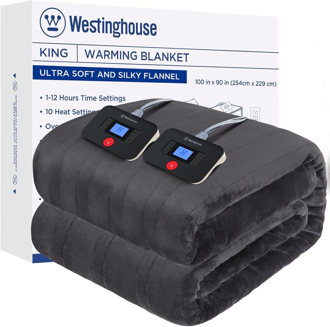 Westinghouse Electric Blanket King Size, Super Cozy Soft Flannel 100"" x 90"" Heated Blanket with 10 Fast Heating Levels & 1-12 Auto-Off, Machine Washable, ETL&FCC Certification, Charcoal