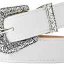 QIQILUXI Western Belt for Women Men Cowboys Cowgirls Carving Buckles Belts for Jeans Pants (White-Silver Buckle, Fit waist size: 31–33 inch)
