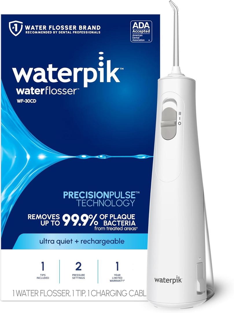 Waterpik Cordless 1100 Rechargeable Portable Water Flosser for Teeth Cleaning and Flossing, Travel, Braces Care, Healthier Gums, Waterproof for Shower, ADA Accepted, WF-30CD White