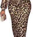 SweatyRocks Women's Long Sleeve Lace Deep V Neck Ruched Cheetah Print Bodycon Midi Dress Leopard Brown X-Large