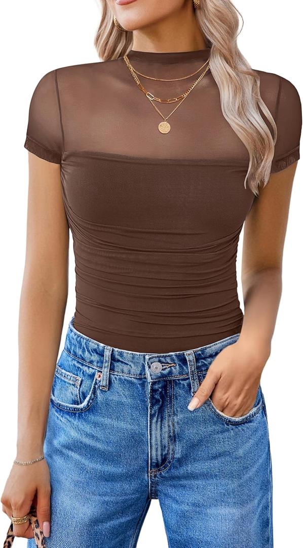 Avidlove Women's Short Sleeve Bodysuit Turtle Neck Body Suits Mesh One Piece Leotard Going Out Tops Date Outfits, M