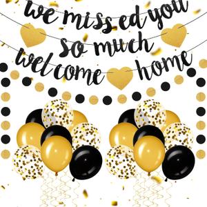 Fanfanwin Black Gold Welcome Home Decorations We Missed You So Much Banner Glitter Garland and Balloons Party Supplies for Military Army Returning, Patriotic Homecoming Party Decorations
