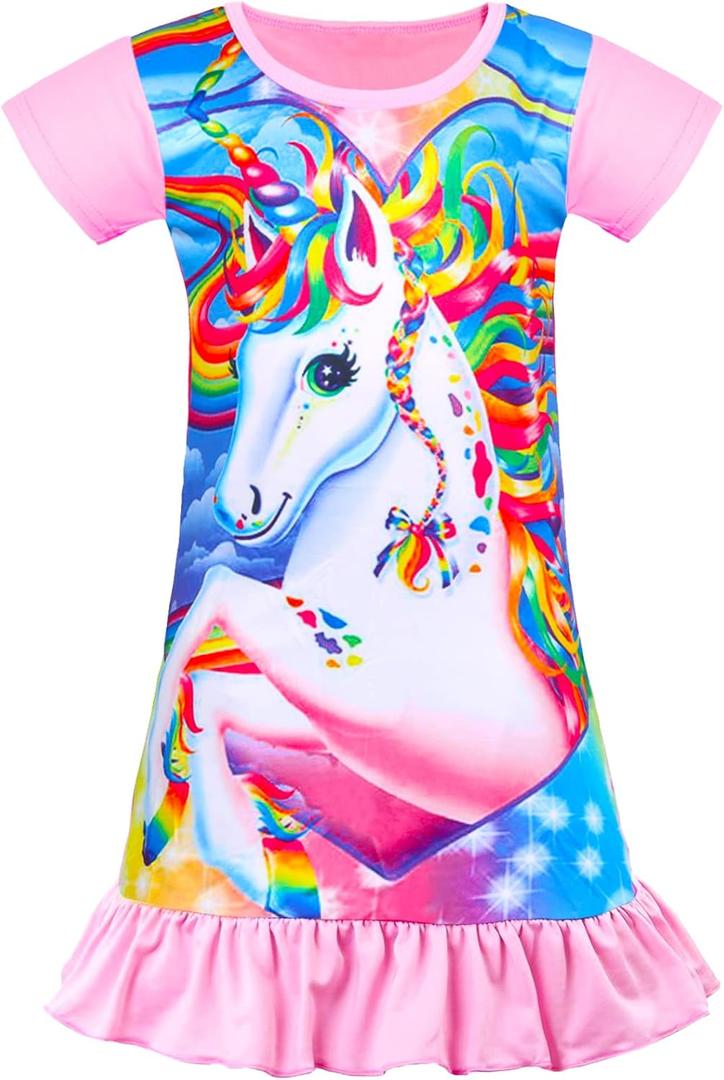 Kid Girls Nightgown Night Dress Unicorn Rainbow Princess Pajamas Sleepwear Nightie (Pink)