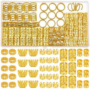 110 Pcs Gold Hair Jewelry for Braids and Dreadlocks - Metal Rings, Cuffs Clips Accessory Decorations - Golden Yellow