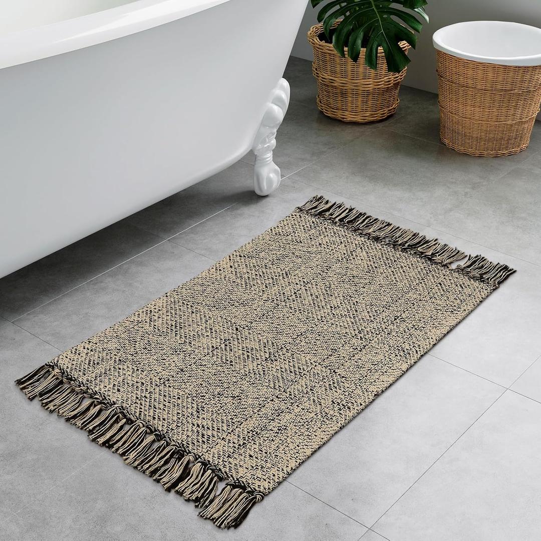 Collive Washable Small Bathroom Rug 2x3, Hand Woven Low Profile Front Door Mat Natural/Black Farmhouse Entryway Rugs, Cotton Reversible Kitchen Carpet for Foyer Bedroom Door Decor